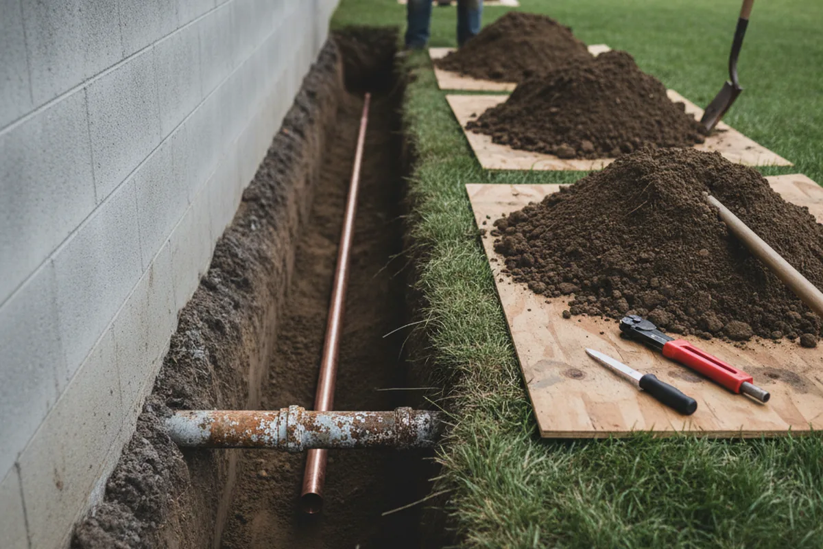 Excavated water line trench during Sewer Line Repair in Callaway